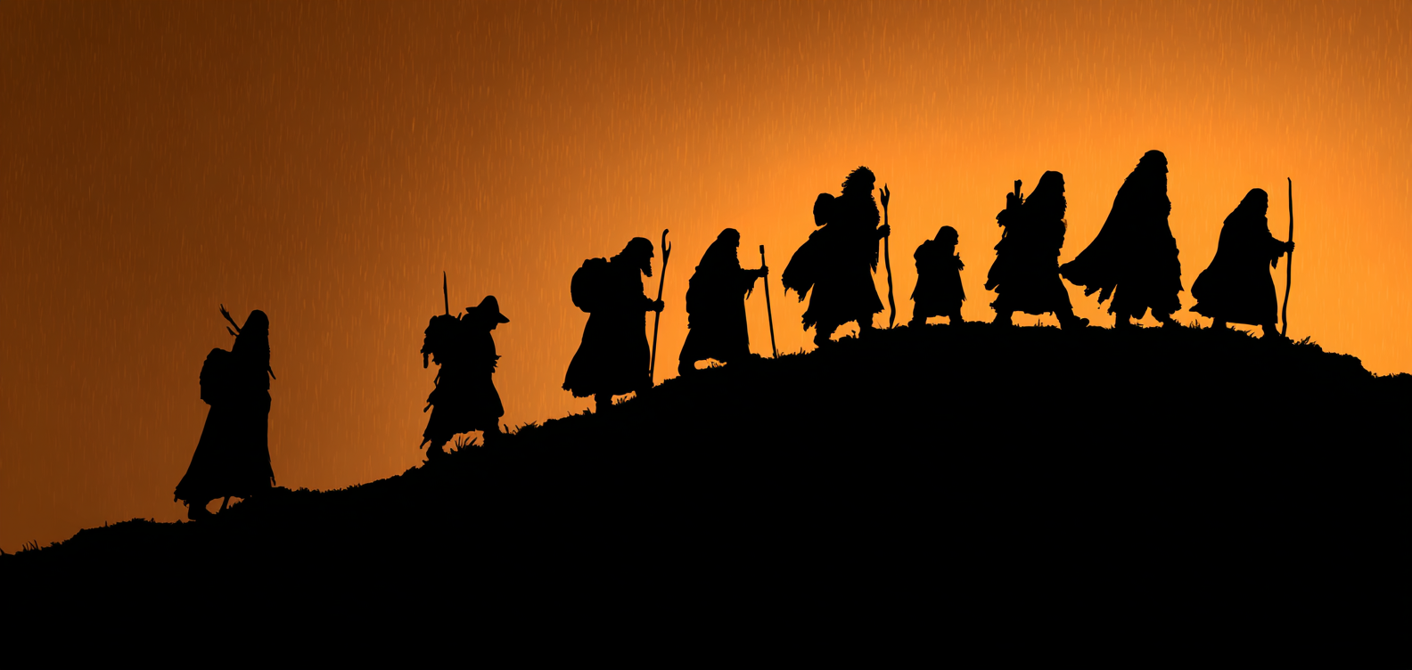 Silhouette of the Fellowship of the Ring walking along a ridge against a golden cloudy sky